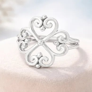 925 Sterling Silver Filigree Clover Ring - Handmade Elegant Jewelry