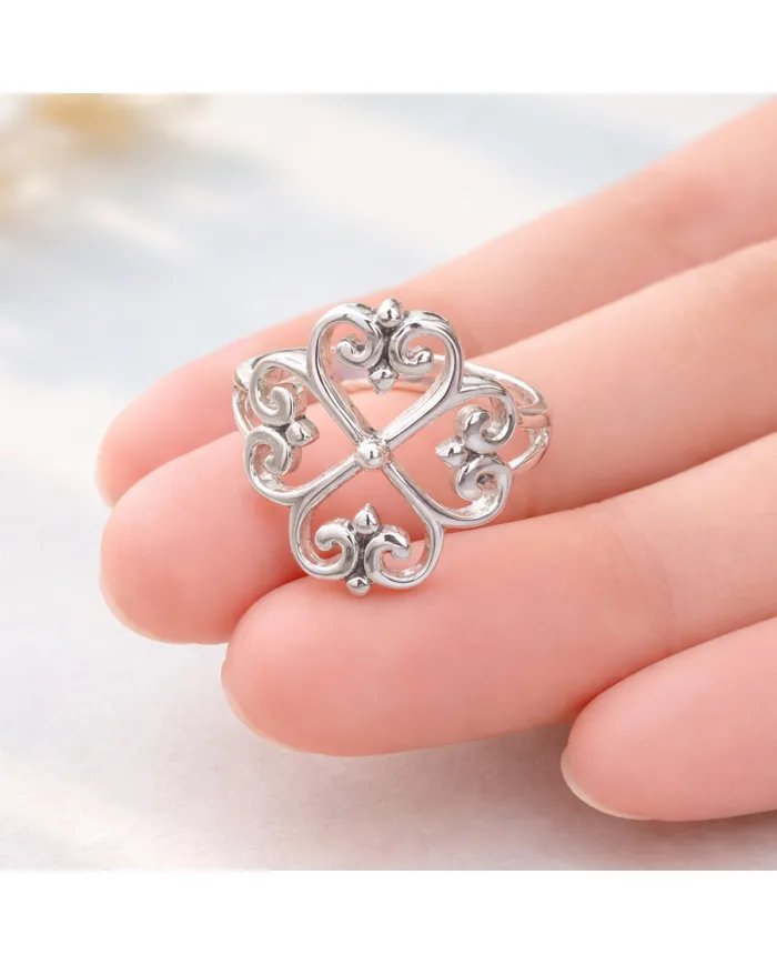 925 Sterling Silver Filigree Clover Ring - Handmade Elegant Jewelry
