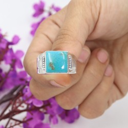 Turquoise Men's Ring in 925 Sterling Silver, Cushion Shape Turquoise Gemstone, December Birthstone Ring