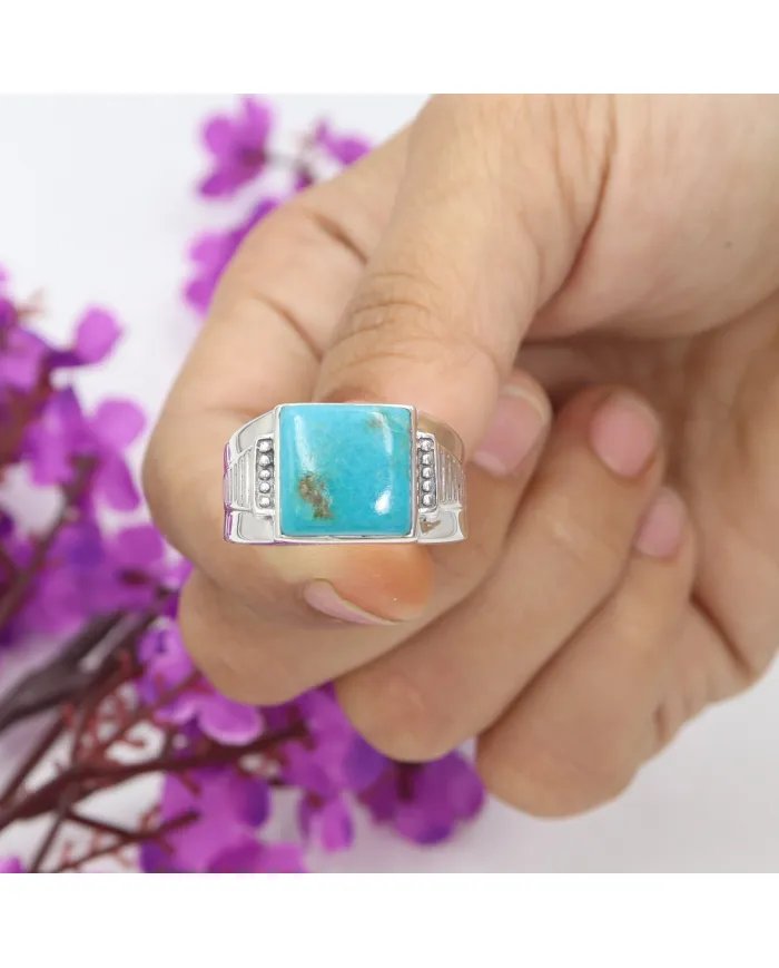 Arizona Turquoise Ring - 925 Sterling Silver December Birthstone Cushion Shape Ring for Men