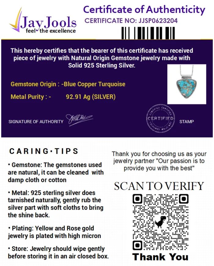 Blue Copper Turquoise Pendant - 925 Sterling Silver Bohemian Necklace