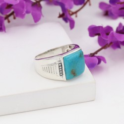 Turquoise Men's Ring in 925 Sterling Silver, Cushion Shape Turquoise Gemstone, December Birthstone Ring