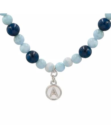 Apatite Beaded Necklace with Larimar - 925 Silver Personalised Initial