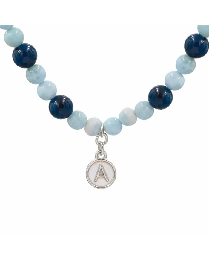 Apatite Beaded Necklace with Larimar - 925 Silver Personalised Initial