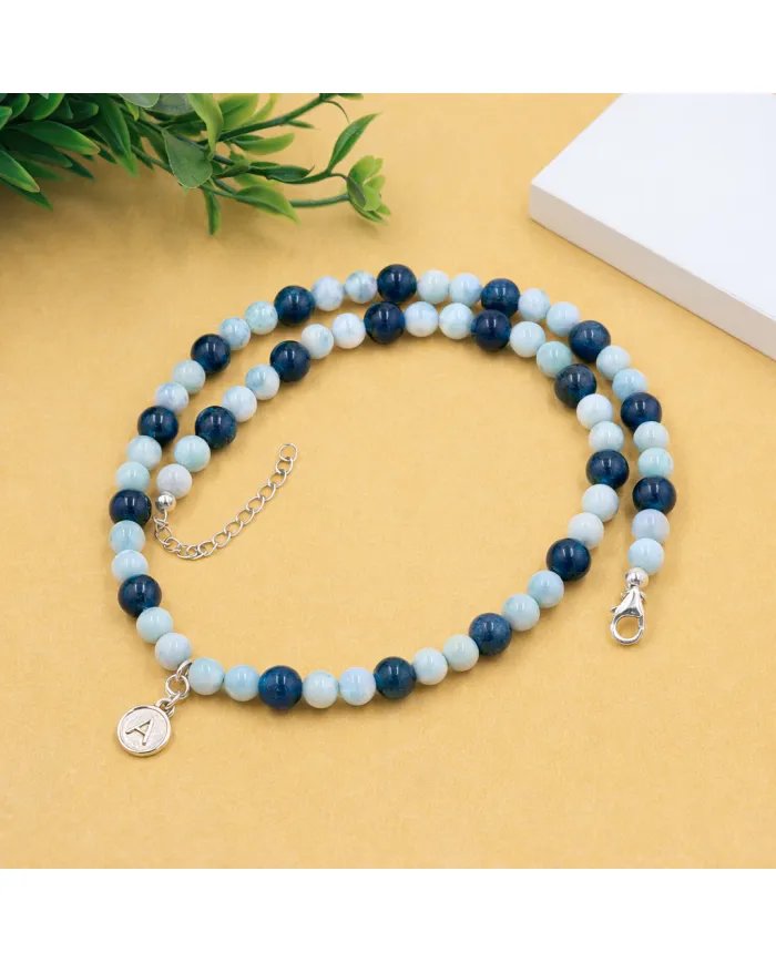Apatite Beads Necklace with Larimar - 925 Silver Personalised Initial