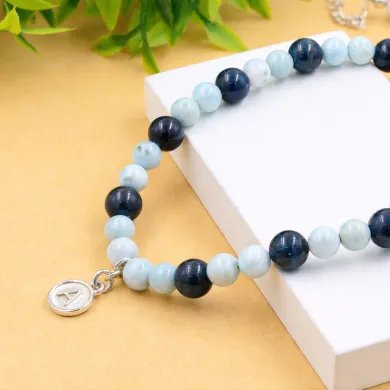 Apatite Beaded Necklace with Larimar - 925 Silver Personalised Initial