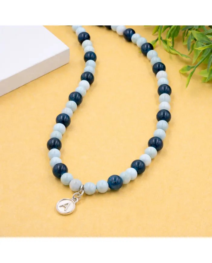 Apatite Beads Necklace with Larimar - 925 Silver Personalised Initial