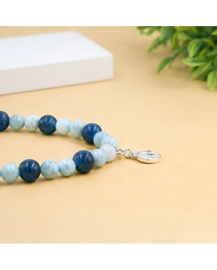 Apatite Beaded Necklace with Larimar - 925 Silver Personalised Initial
