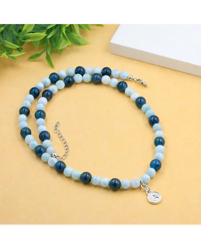 Apatite Beads Necklace with Larimar - 925 Silver Personalised Initial