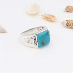 Turquoise Men's Ring in 925 Sterling Silver, Cushion Shape Turquoise Gemstone, December Birthstone Ring