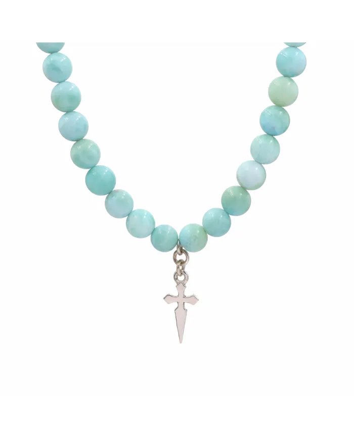 Larimar Beaded Necklace - 925 Sterling Silver Handmade Cross Charm