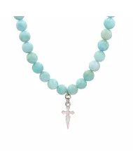 Larimar Beads Necklace - 925 Sterling Silver Handmade Cross Charm