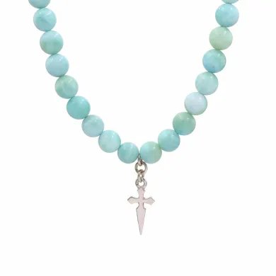 Larimar Beads Necklace - 925 Sterling Silver Handmade Cross Charm