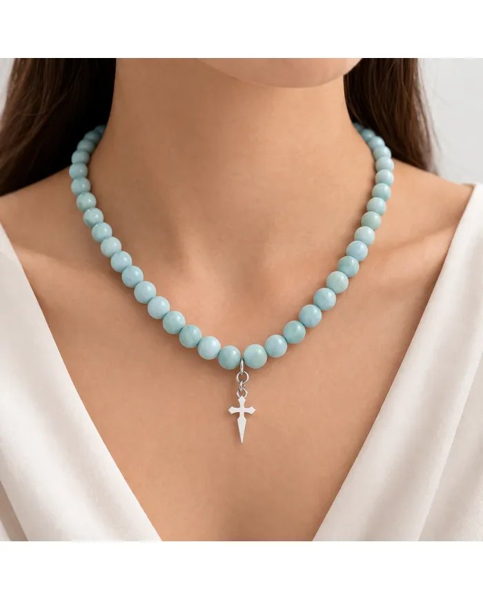 Larimar Beaded Necklace - 925 Sterling Silver Handmade Cross Charm