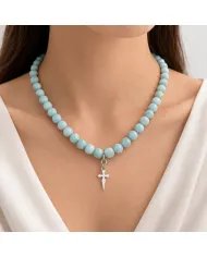 Larimar Beads Necklace - 925 Sterling Silver Handmade Cross Charm