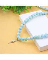 Larimar Beaded Necklace - 925 Sterling Silver Handmade Cross Charm
