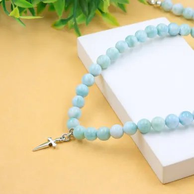 Larimar Beaded Necklace - 925 Sterling Silver Handmade Cross Charm