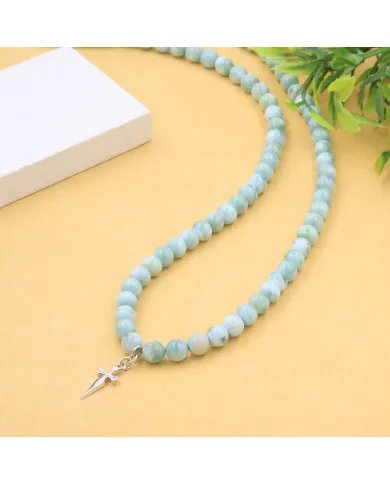 Larimar Beaded Necklace - 925 Sterling Silver Handmade Cross Charm