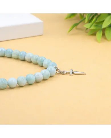 Larimar Beaded Necklace - 925 Sterling Silver Handmade Cross Charm