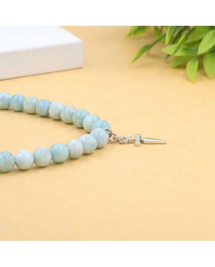 Larimar Beaded Necklace - 925 Sterling Silver Handmade Cross Charm