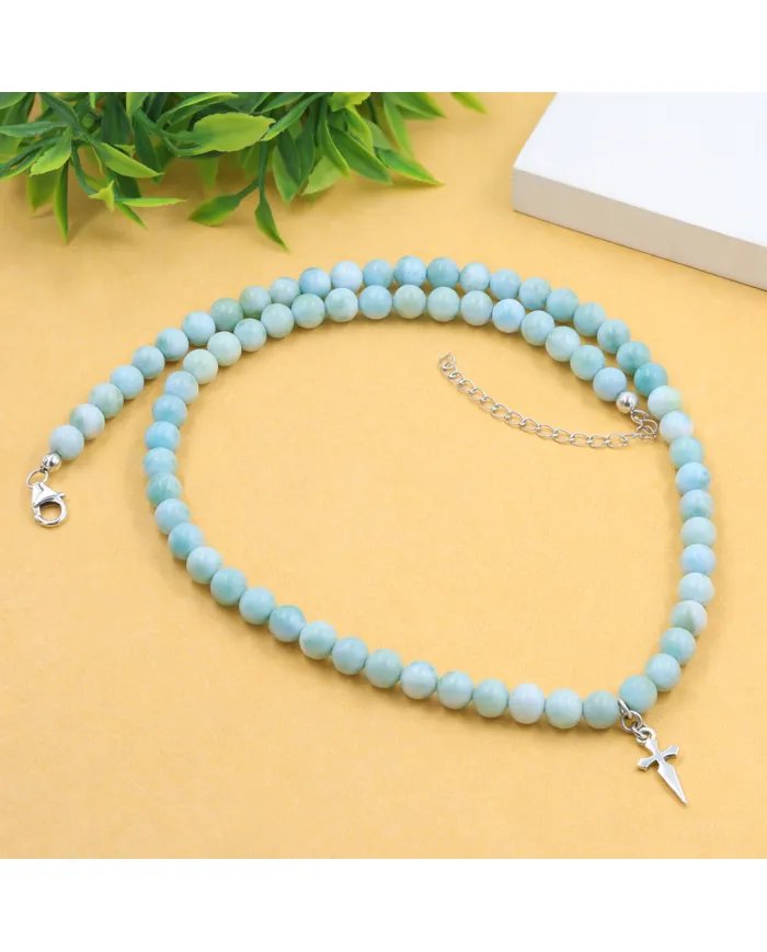 Larimar Beaded Necklace - 925 Sterling Silver Handmade Cross Charm