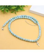 Larimar Beaded Necklace - 925 Sterling Silver Handmade Cross Charm