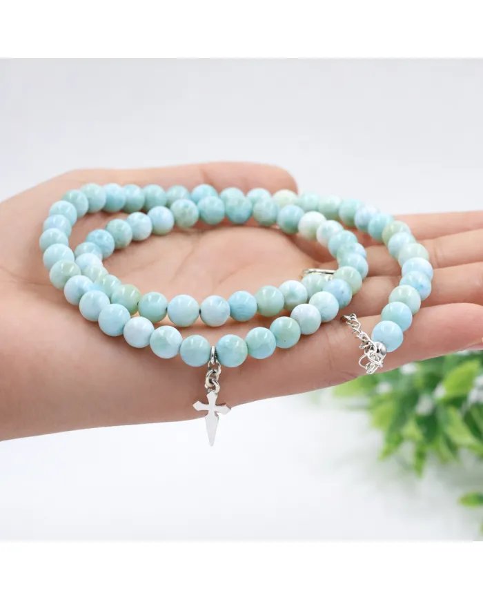 Larimar Beaded Necklace - 925 Sterling Silver Custom Initial Charm