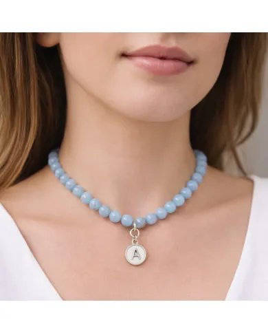 Aquamarine Beaded Necklace - 925 Silver Personalised Initial Jewelry