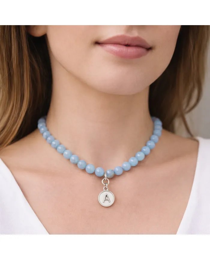 Aquamarine Beads Necklace - 925 Silver Personalised Initial Jewelry
