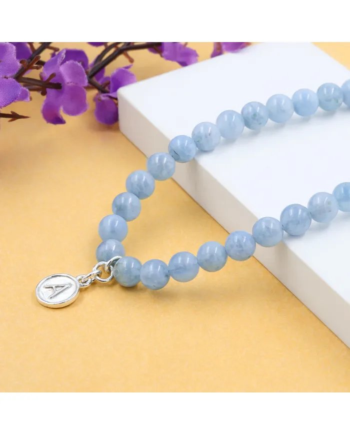 Aquamarine Beaded Necklace - 925 Silver Personalised Initial Jewelry