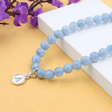 Aquamarine Beads Necklace - 925 Silver Personalised Initial Jewelry