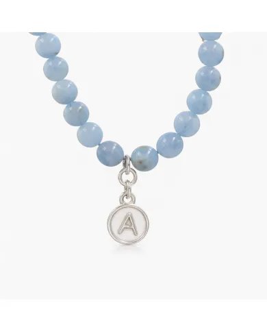 Aquamarine Beaded Necklace - 925 Silver Personalised Initial Jewelry