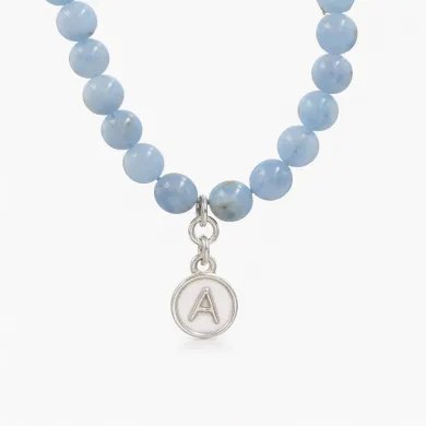 Aquamarine Beads Necklace - 925 Silver Personalised Initial Jewelry