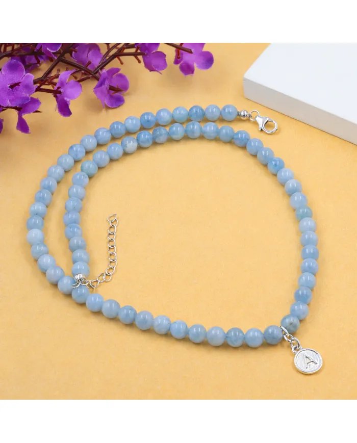 Aquamarine Beaded Necklace - 925 Silver Personalised Initial Jewelry
