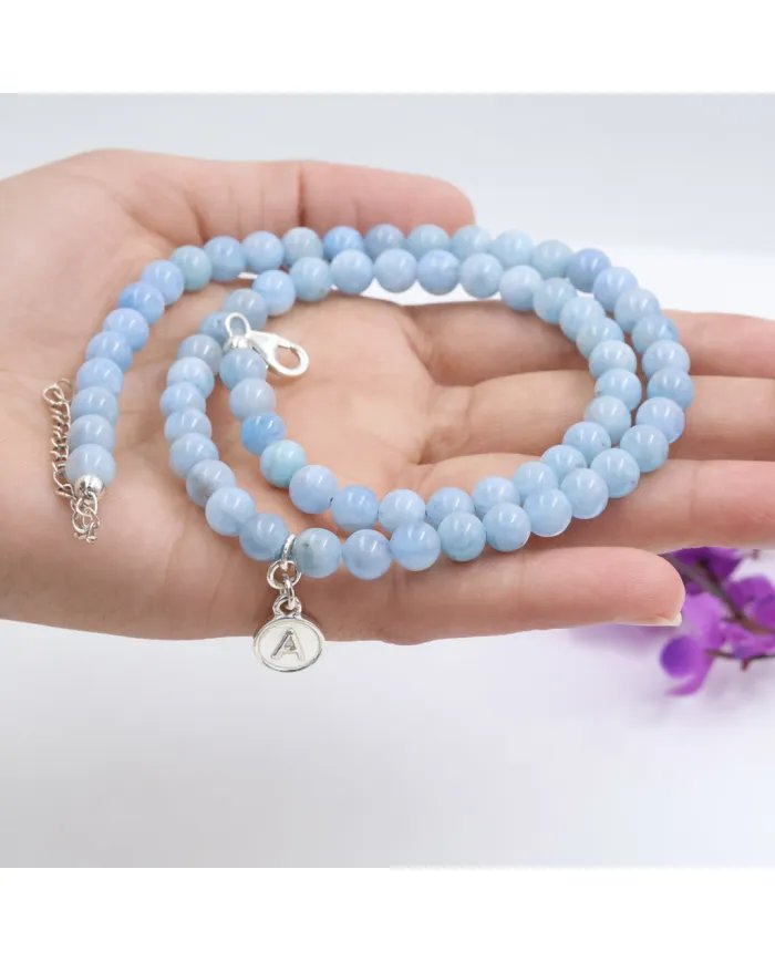 Aquamarine Beaded Necklace - 925 Silver Personalised Initial Jewelry