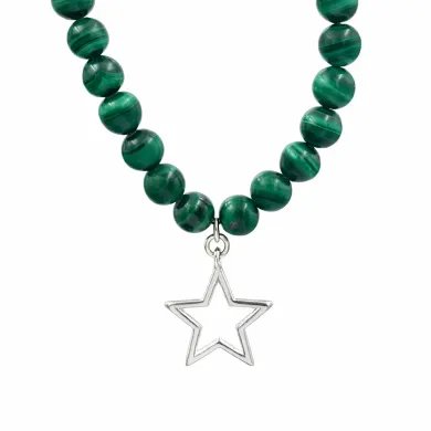 Malachite Beaded Necklace - 925 Silver Star Charm Handmade Jewelry