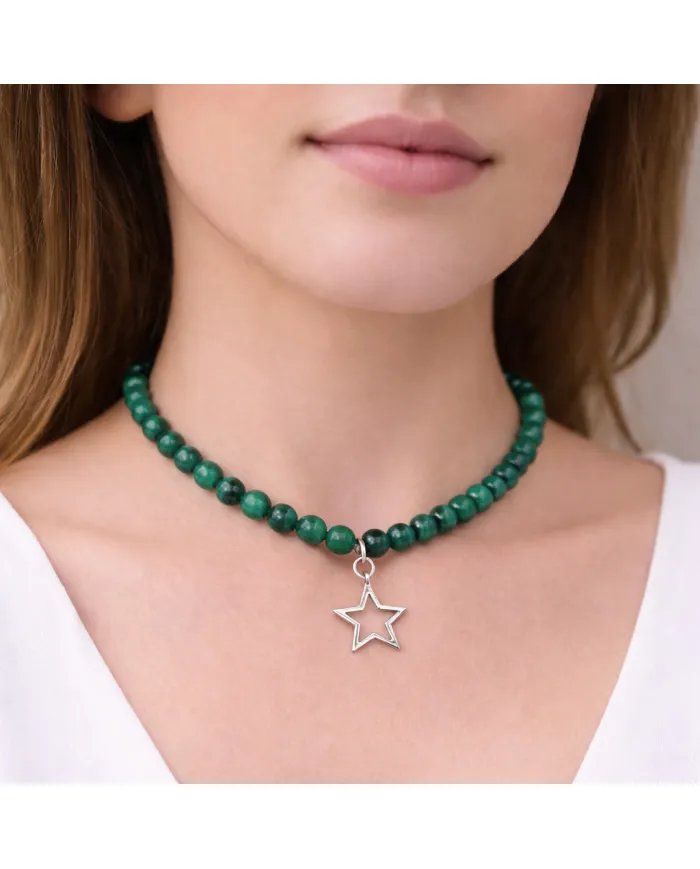 Malachite Beaded Necklace - 925 Silver Star Charm Handmade Jewelry