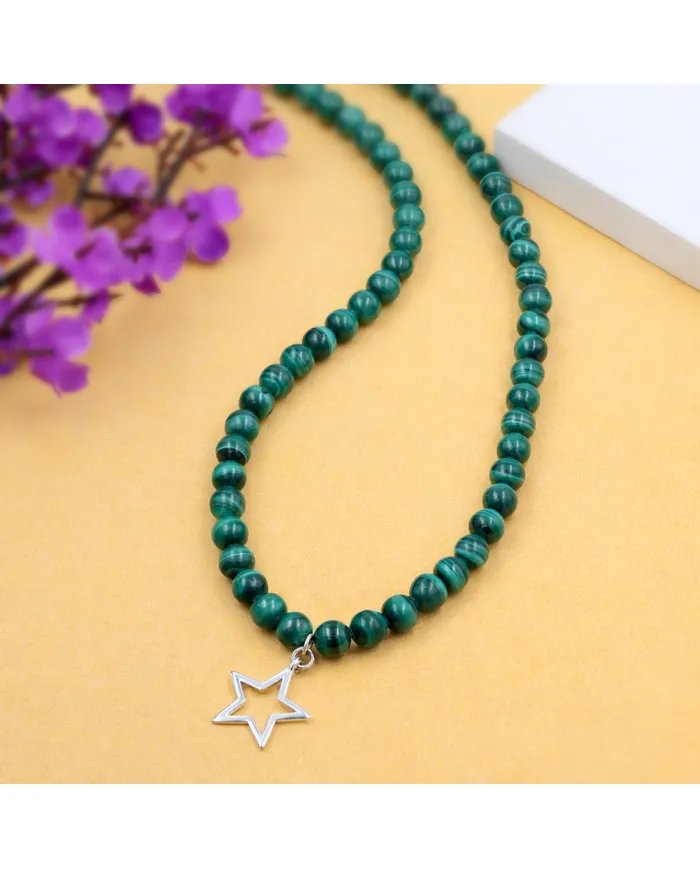 Malachite Beads Necklace - 925 Silver Star Charm Handmade Jewelry