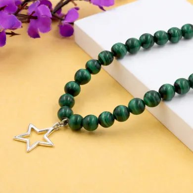 Malachite Beaded Necklace - 925 Silver Star Charm Handmade Jewelry