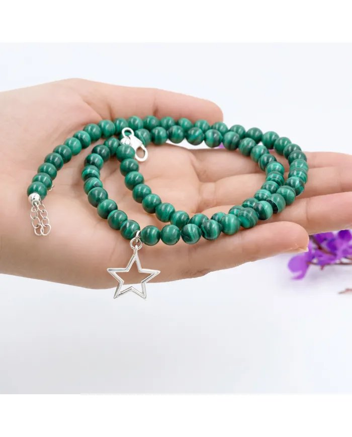 Malachite Beaded Necklace - 925 Silver Star Charm Handmade Jewelry