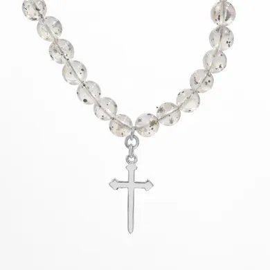 Herkimer Diamond Beaded Necklace - 925 Silver Cross Charm Handmade Jewelry