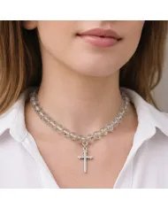 Herkimer Diamond Beads Necklace - 925 Silver Cross Charm Handmade Jewelry