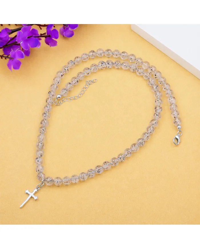 Herkimer Diamond Beads Necklace - 925 Silver Cross Charm Handmade Jewelry