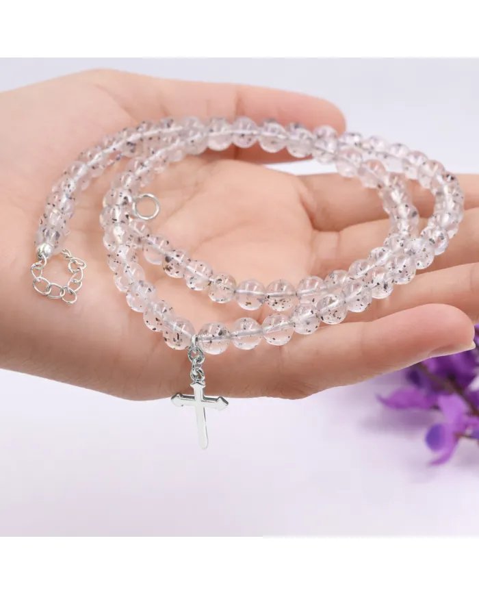Herkimer Diamond Beads Necklace - 925 Silver Cross Charm Handmade Jewelry