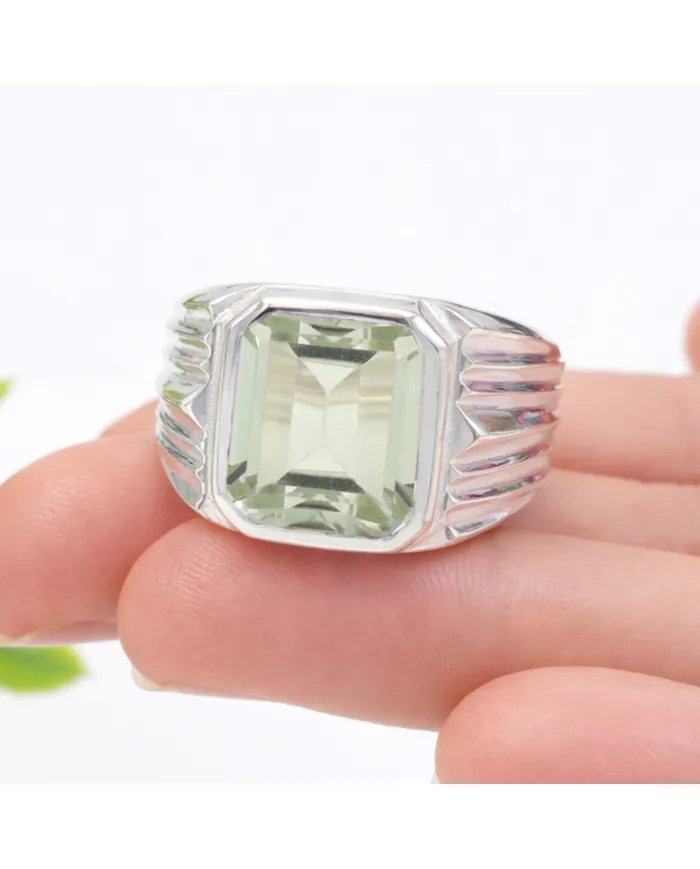 Green Amethyst Statement Ring - Sterling Silver Handmade Men's Jewelry