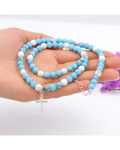 Arizona Turquoise & Howlite Beaded Necklace - 925 Silver Cross Charm