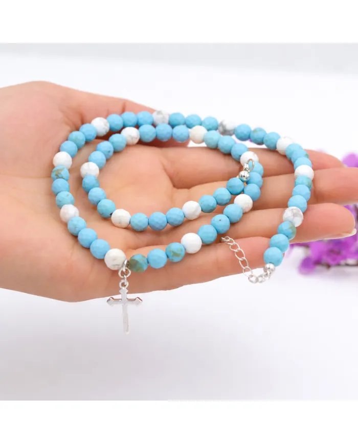 Arizona Turquoise & Howlite Beads Necklace - 925 Silver Cross Charm