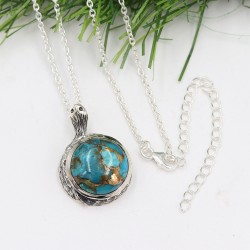 Turquoise Pendant, Antique Snake Pendant, 925 Silver Pendant, Round Shape Pendant, Charm Pendant for Women, Pendant with Chain