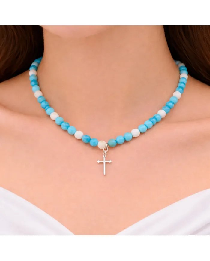 Arizona Turquoise & Howlite Beaded Necklace - 925 Silver Cross Charm