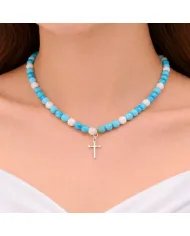 Arizona Turquoise & Howlite Beads Necklace - 925 Silver Cross Charm